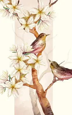 Rollo Fenster mit Motiv von Vögeln auf einem Baum mit Blüten