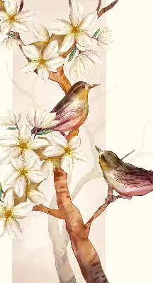 Rollo Fenster mit Motiv von Vögeln auf einem Baum mit Blüten