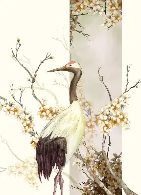 Fensterrollo für den Innenbereich mit Motiv eines Kranichs im Busch