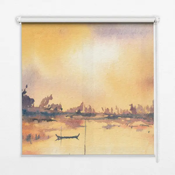 Fensterrollo mit Motiv von Sonnenuntergang über dem See