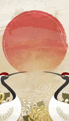Fensterrollo mit Motiv von Kranichen bei Sonnenuntergang