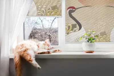 Fensterrollo mit Motiv von Kranichen bei Sonnenuntergang
