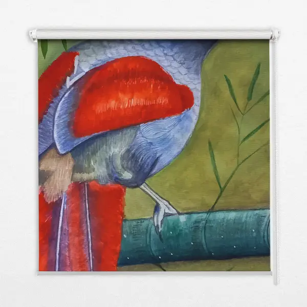 Fensterrollo mit Motiv eines Vogels auf einem Ast