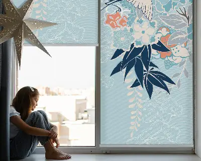 Fensterrollo mit Motiv von Reihern in Blumen