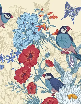 Fensterrollo mit Motiv Vögel zwischen den Blumen für den Innenbereich