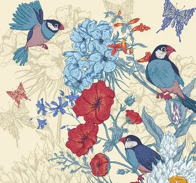 Fensterrollo mit Motiv Vögel zwischen den Blumen für den Innenbereich