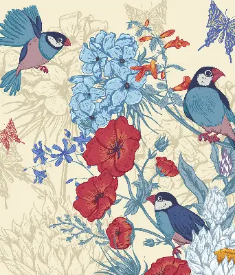 Fensterrollo mit Motiv Vögel zwischen den Blumen für den Innenbereich