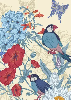 Fensterrollo mit Motiv Vögel zwischen den Blumen für den Innenbereich