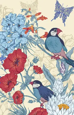 Fensterrollo mit Motiv Vögel zwischen den Blumen für den Innenbereich