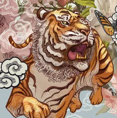 Rollo Fenster mit Motiv Tiger in Blumen