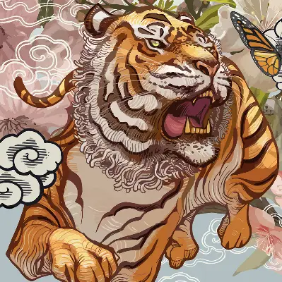 Rollo Fenster mit Motiv Tiger in Blumen