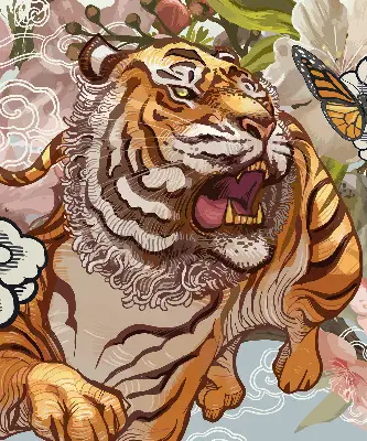 Rollo Fenster mit Motiv Tiger in Blumen