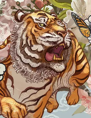Rollo Fenster mit Motiv Tiger in Blumen