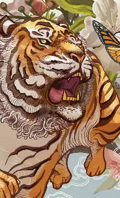 Rollo Fenster mit Motiv Tiger in Blumen