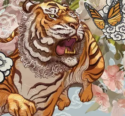 Rollo Fenster mit Motiv Tiger in Blumen