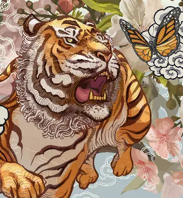 Rollo Fenster mit Motiv Tiger in Blumen