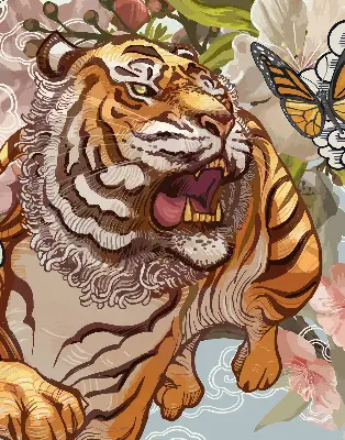 Rollo Fenster mit Motiv Tiger in Blumen