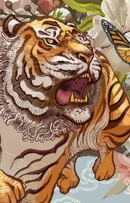 Rollo Fenster mit Motiv Tiger in Blumen