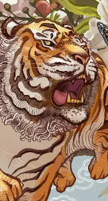 Rollo Fenster mit Motiv Tiger in Blumen