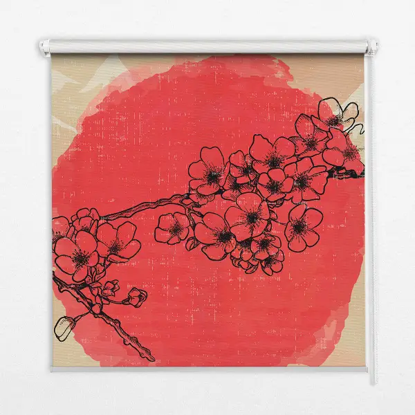 Fensterrollo innen mit Motiv Blumen in einem roten Kreis