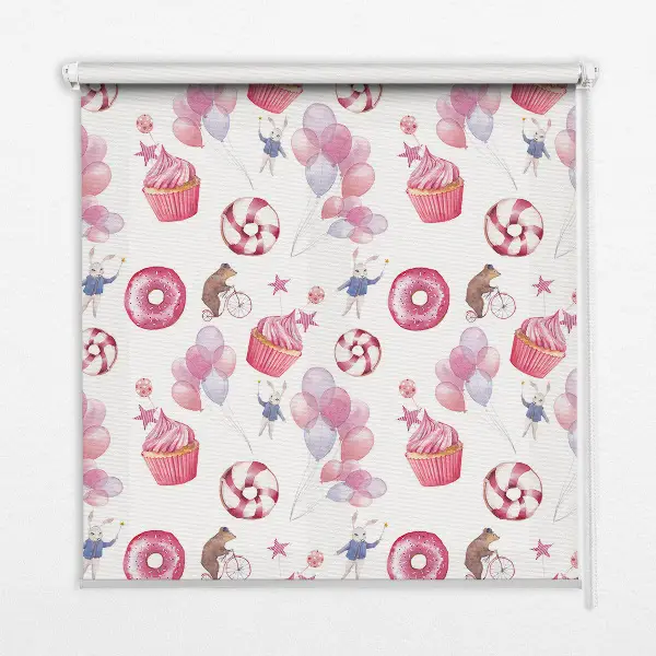 Fenster rollo Rosa Luftballons, Donuts und Häschen