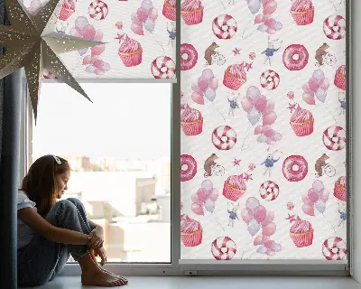 Fenster rollo Rosa Luftballons, Donuts und Häschen