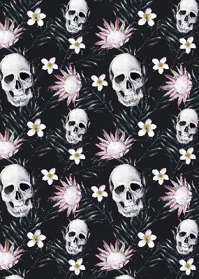 Verdunkelungsrollo Schädel zwischen Blumen