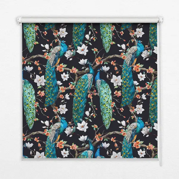 Verdunkelungsrollo Pfau mit Blumen