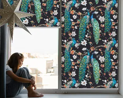 Verdunkelungsrollo Pfau mit Blumen