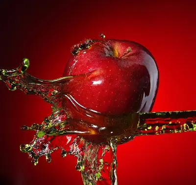 Verdunkelungsrollo Ein mit Wasser übergossener Apfel
