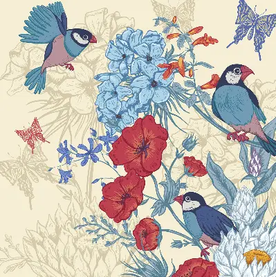 Rollo lichtundurchlässig Vögel zwischen den Blumen