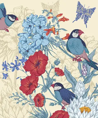 Rollo lichtundurchlässig Vögel zwischen den Blumen