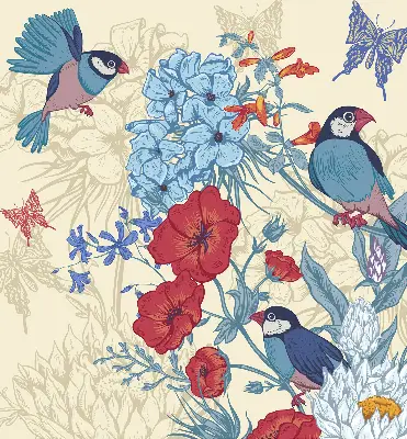Rollo lichtundurchlässig Vögel zwischen den Blumen