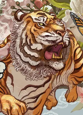 Verdunkelungsrollo Tiger in Blumen