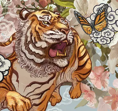 Verdunkelungsrollo Tiger in Blumen