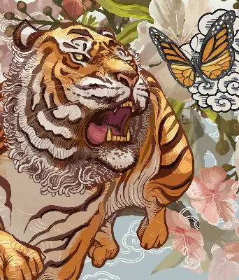 Verdunkelungsrollo Tiger in Blumen