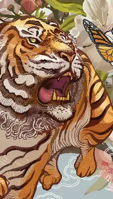 Verdunkelungsrollo Tiger in Blumen