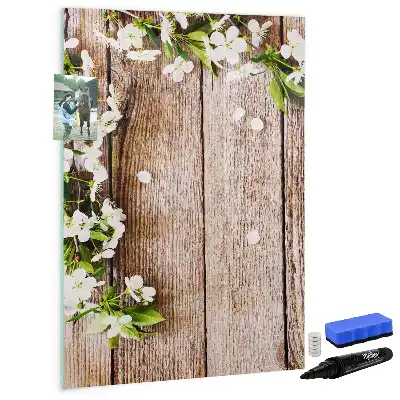Beschreibbare Magnettafel mit Motiv Blumen auf Holzbrettern