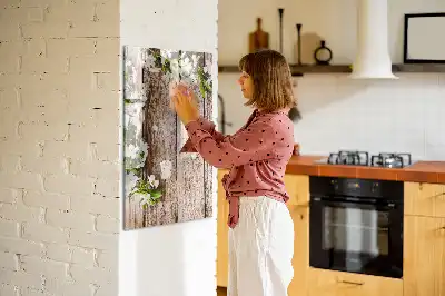 Beschreibbare Magnettafel mit Motiv Blumen auf Holzbrettern