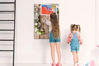 Beschreibbare Magnettafel mit Motiv Blumen auf Holzbrettern