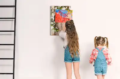 Beschreibbare Magnettafel mit Motiv Blumen auf Holzbrettern