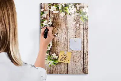 Beschreibbare Magnettafel mit Motiv Blumen auf Holzbrettern