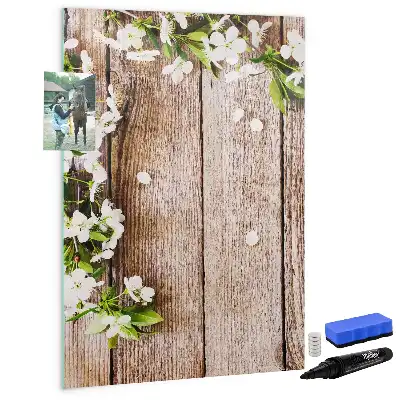 Beschreibbare Magnettafel mit Motiv Blumen auf Holzbrettern