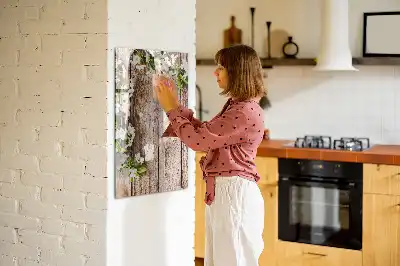 Beschreibbare Magnettafel mit Motiv Blumen auf Holzbrettern