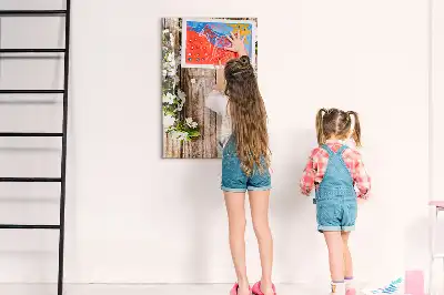 Beschreibbare Magnettafel mit Motiv Blumen auf Holzbrettern