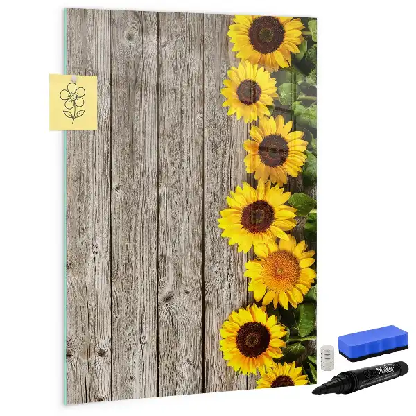 Magnettafel beschreibbar Motiv Sonnenblumen auf Holzoptik
