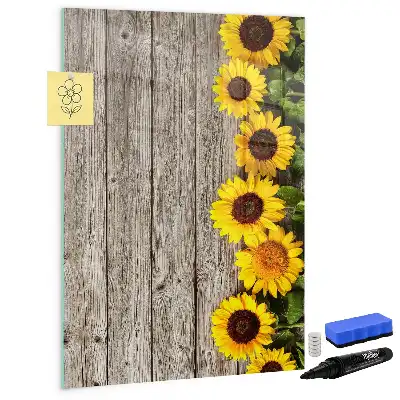 Magnettafel beschreibbar Motiv Sonnenblumen auf Holzoptik