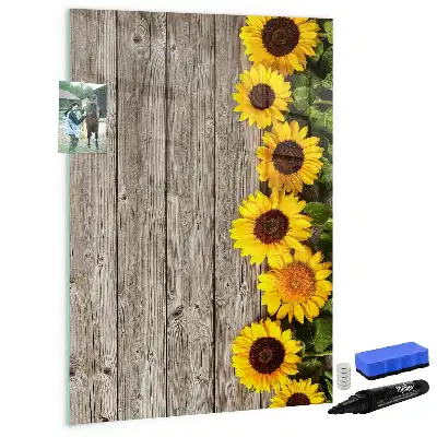 Magnettafel beschreibbar Motiv Sonnenblumen auf Holzoptik