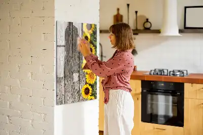 Magnettafel beschreibbar Motiv Sonnenblumen auf Holzoptik
