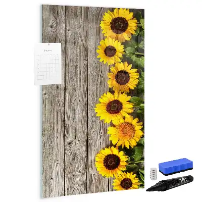 Magnettafel beschreibbar Motiv Sonnenblumen auf Holzoptik